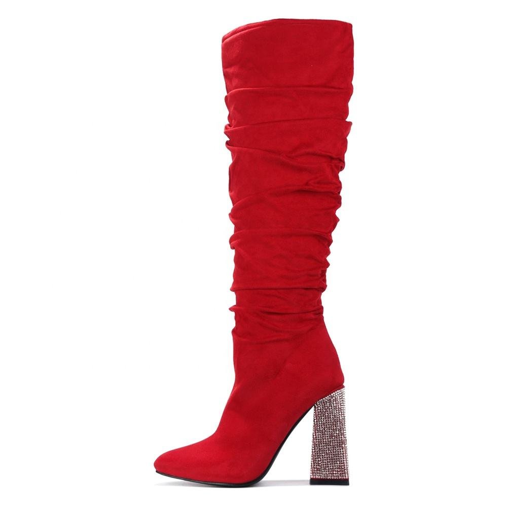 Elegant Women's Knee High Boots with Crystal Custom Logo Pointed Toe Design Autumn Western Style Rubber Insole Zip Closure