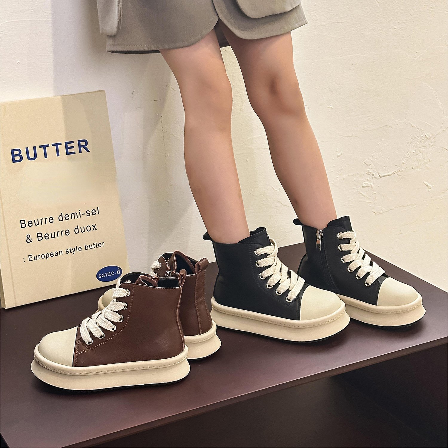 Children's High-TOP PU Leather Ankle Boots Toddler Kids Sneakers Boys Girls Trainers Casual Lace-up Zip Flat Black Sport Shoes