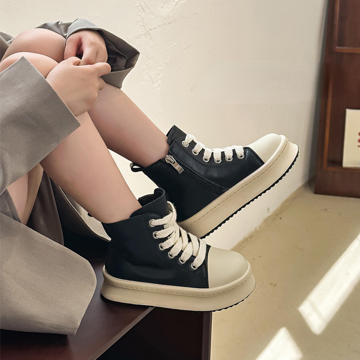 Children's High-TOP PU Leather Ankle Boots Toddler Kids Sneakers Boys Girls Trainers Casual Lace-up Zip Flat Black Sport Shoes
