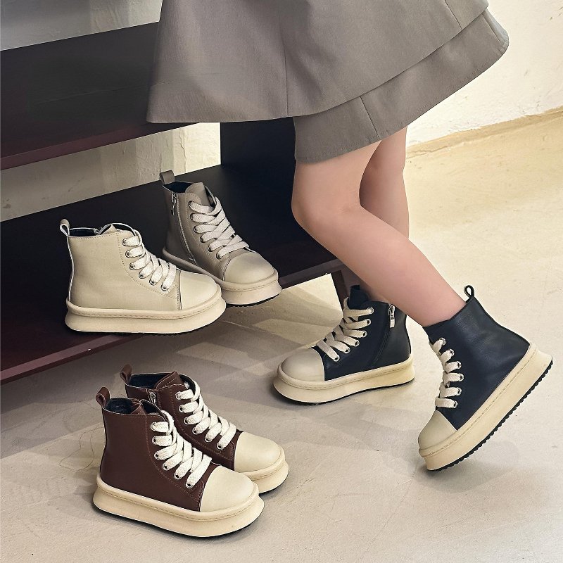 Children's High-TOP PU Leather Ankle Boots Toddler Kids Sneakers Boys Girls Trainers Casual Lace-up Zip Flat Black Sport Shoes