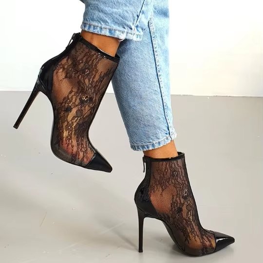 Point toe lace stitching high heel stiletto luxury sexy women winter ankle boots
