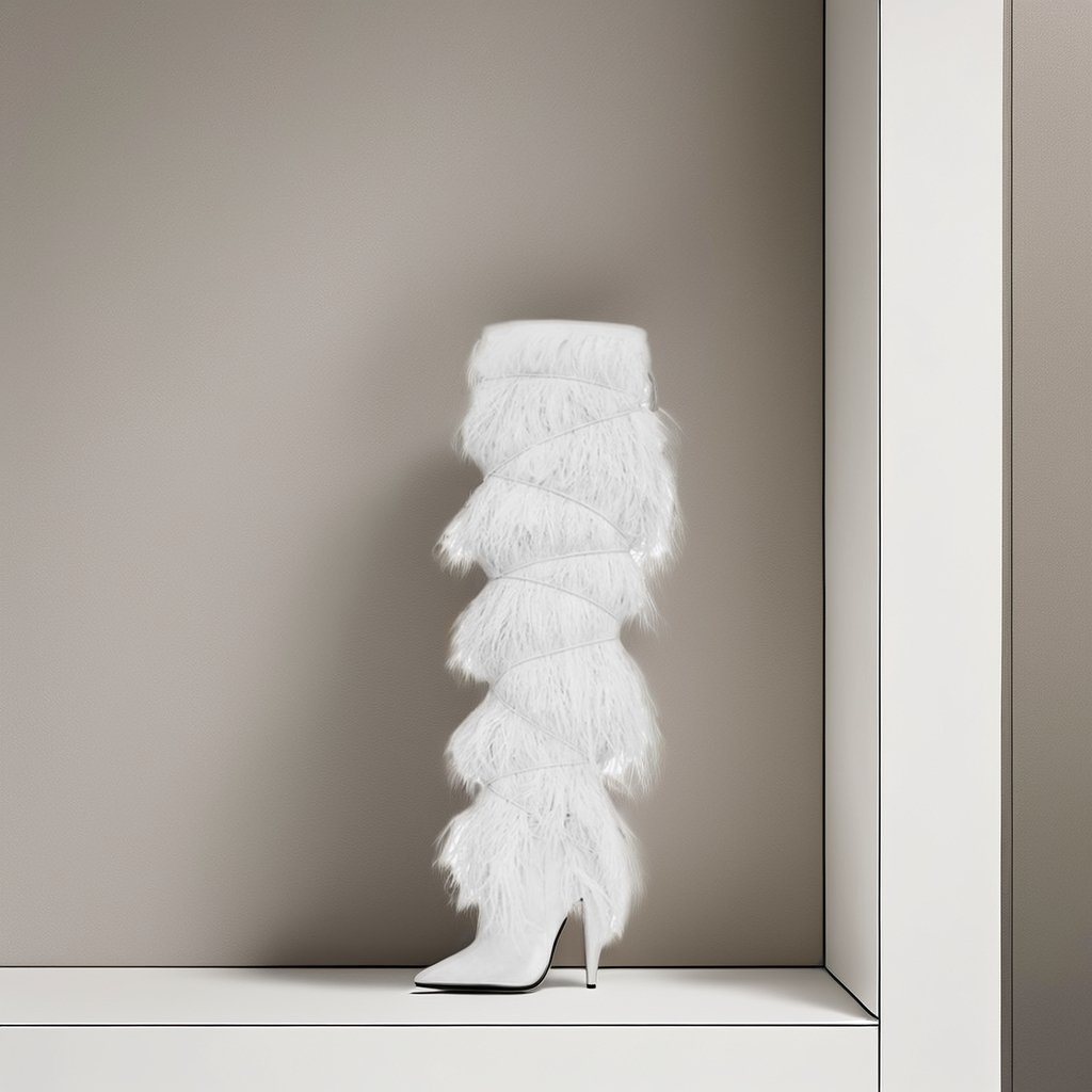 Fall/winter catwalk feathered thigh-high boots Sexy ostrich fur high heels pointed toe women's boots