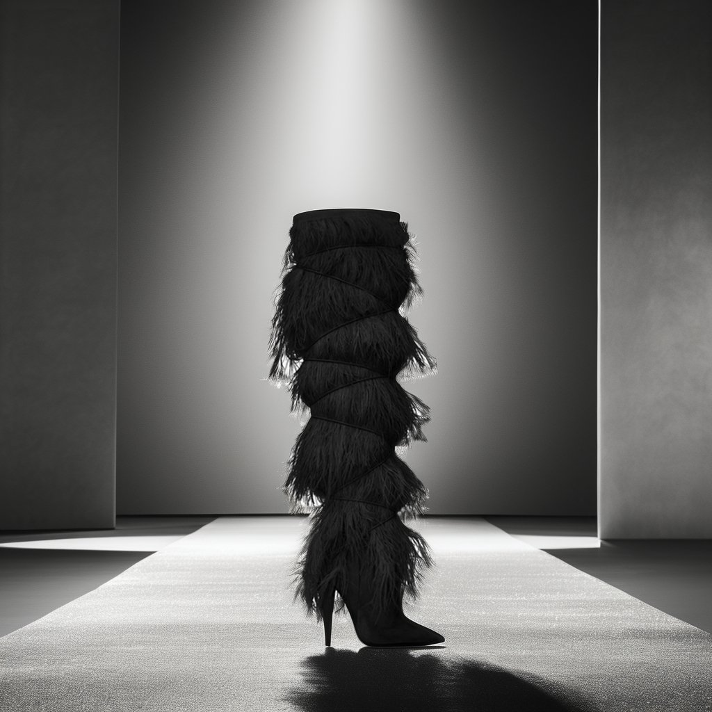 Fall/winter catwalk feathered thigh-high boots Sexy ostrich fur high heels pointed toe women's boots