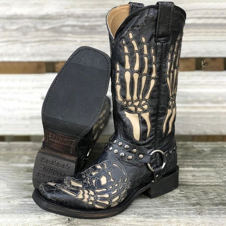 Xinzirain Custom Large Size 37-48 Genuine Leather Low Heel Mid Calf Cowboy Unique Square Toe Embroidery Studded Western Boots