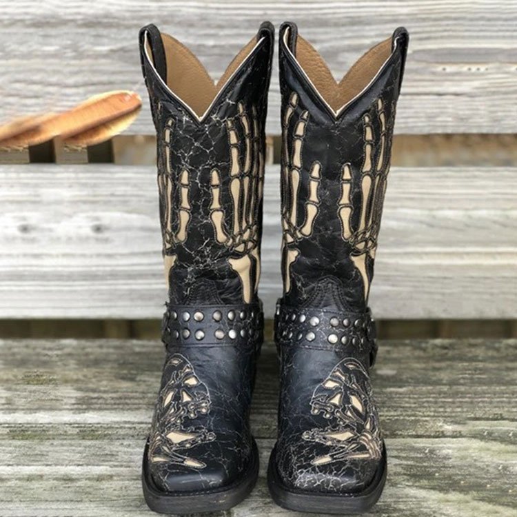 Xinzirain Custom Large Size 37-48 Genuine Leather Low Heel Mid Calf Cowboy Unique Square Toe Embroidery Studded Western Boots