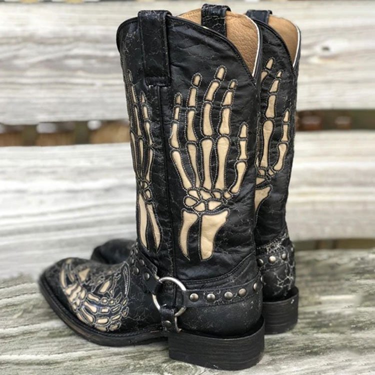 Xinzirain Custom Large Size 37-48 Genuine Leather Low Heel Mid Calf Cowboy Unique Square Toe Embroidery Studded Western Boots