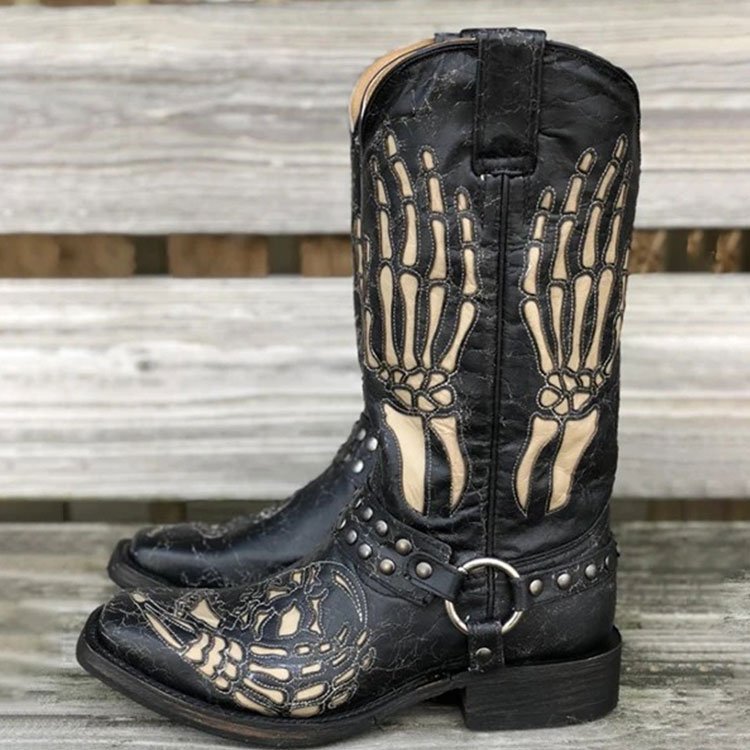 Xinzirain Custom Large Size 37-48 Genuine Leather Low Heel Mid Calf Cowboy Unique Square Toe Embroidery Studded Western Boots