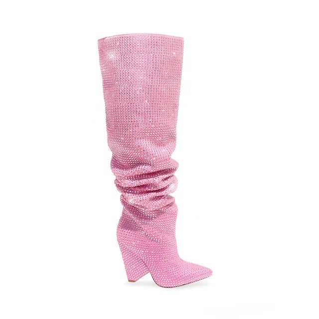 New Arrivals Women Shoes Rhinestone Bling Bling Pointy Zipper Chunky Heel Party Booties Women knee Boots