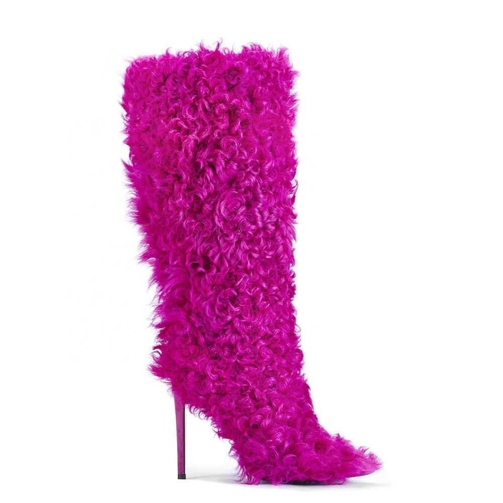 Womens Winter Warm Hot Pink Fuchsia Furry Long Fluffy Knee Length Fur High Heel Fuzzy Teddy Boots