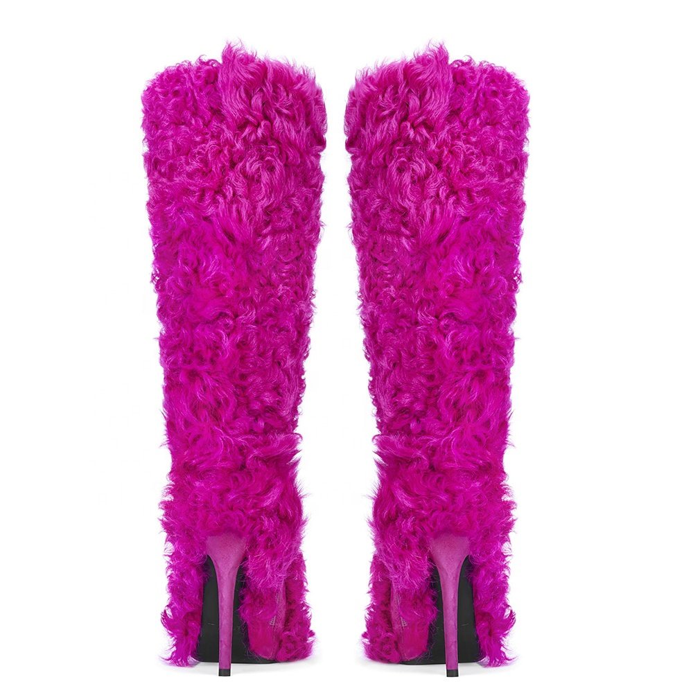 Womens Winter Warm Hot Pink Fuchsia Furry Long Fluffy Knee Length Fur High Heel Fuzzy Teddy Boots