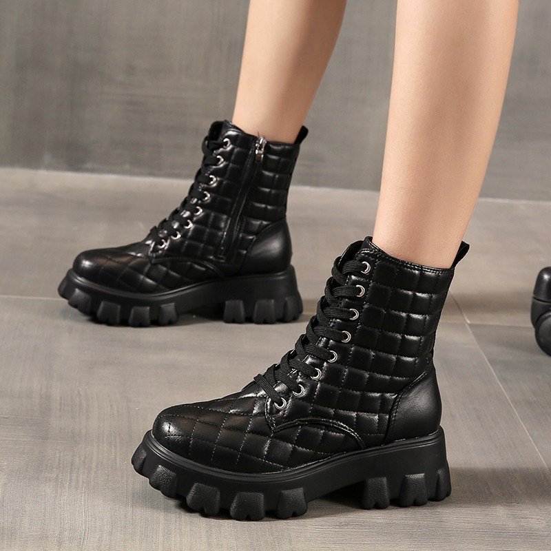 Newest British style Round toe Lace Up Side Zip Boots Women Ankle Chunky Platform Boots
