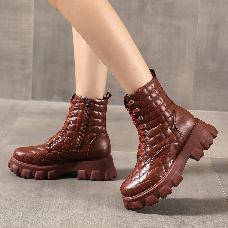 Newest British style Round toe Lace Up Side Zip Boots Women Ankle Chunky Platform Boots