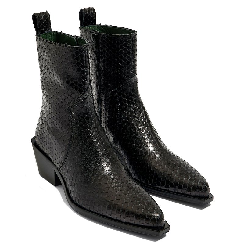 Western style fashion unique wholesale custom logo ankle pointed toe black snakeskin patterned leather women cowboy boots