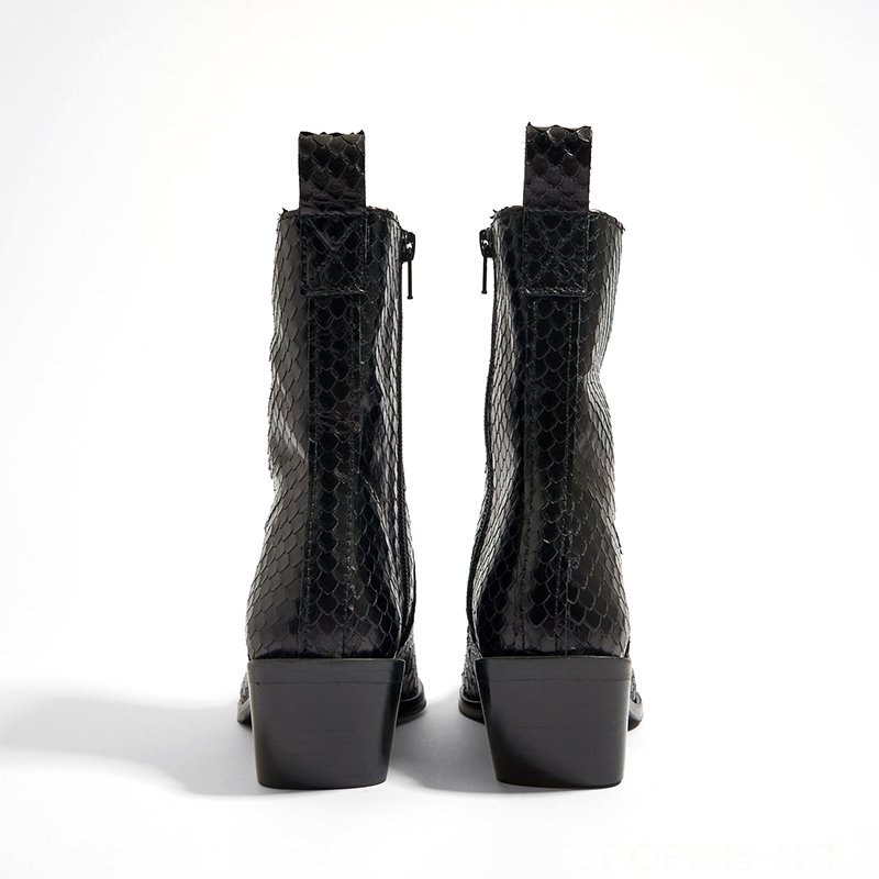 Western style fashion unique wholesale custom logo ankle pointed toe black snakeskin patterned leather women cowboy boots