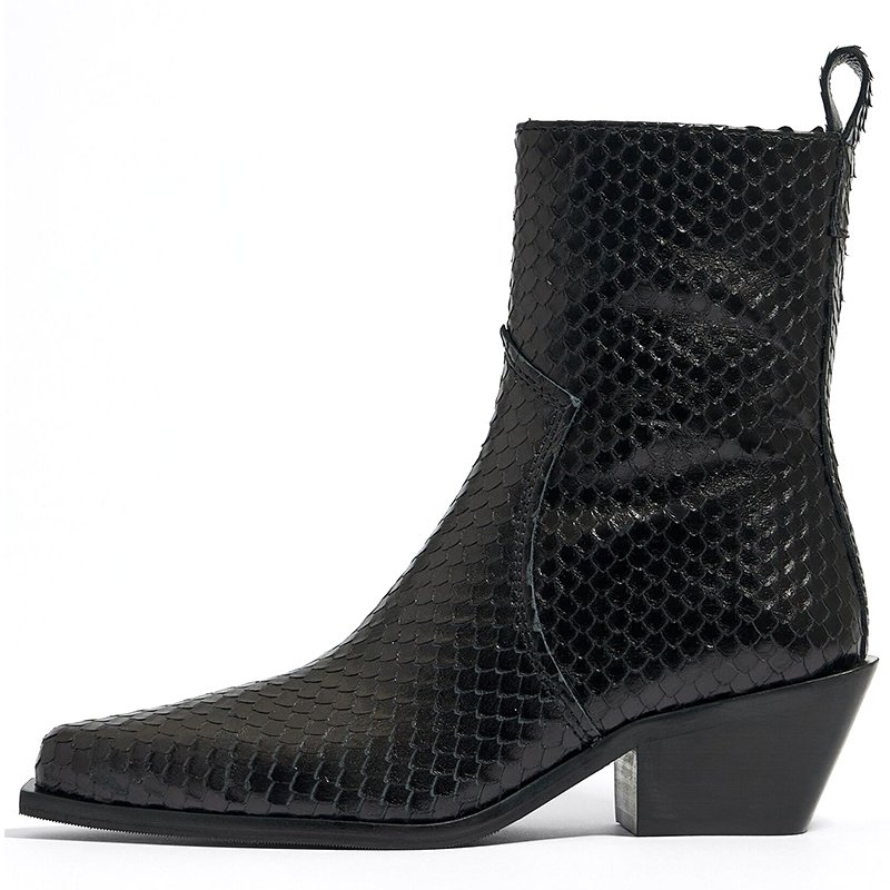 Western style fashion unique wholesale custom logo ankle pointed toe black snakeskin patterned leather women cowboy boots