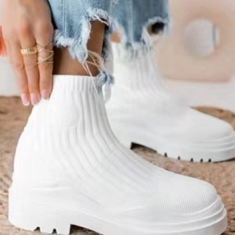 Knitted platform women's boots autumn and winter plus size candy colored ankle boots women's breathable mid well boots