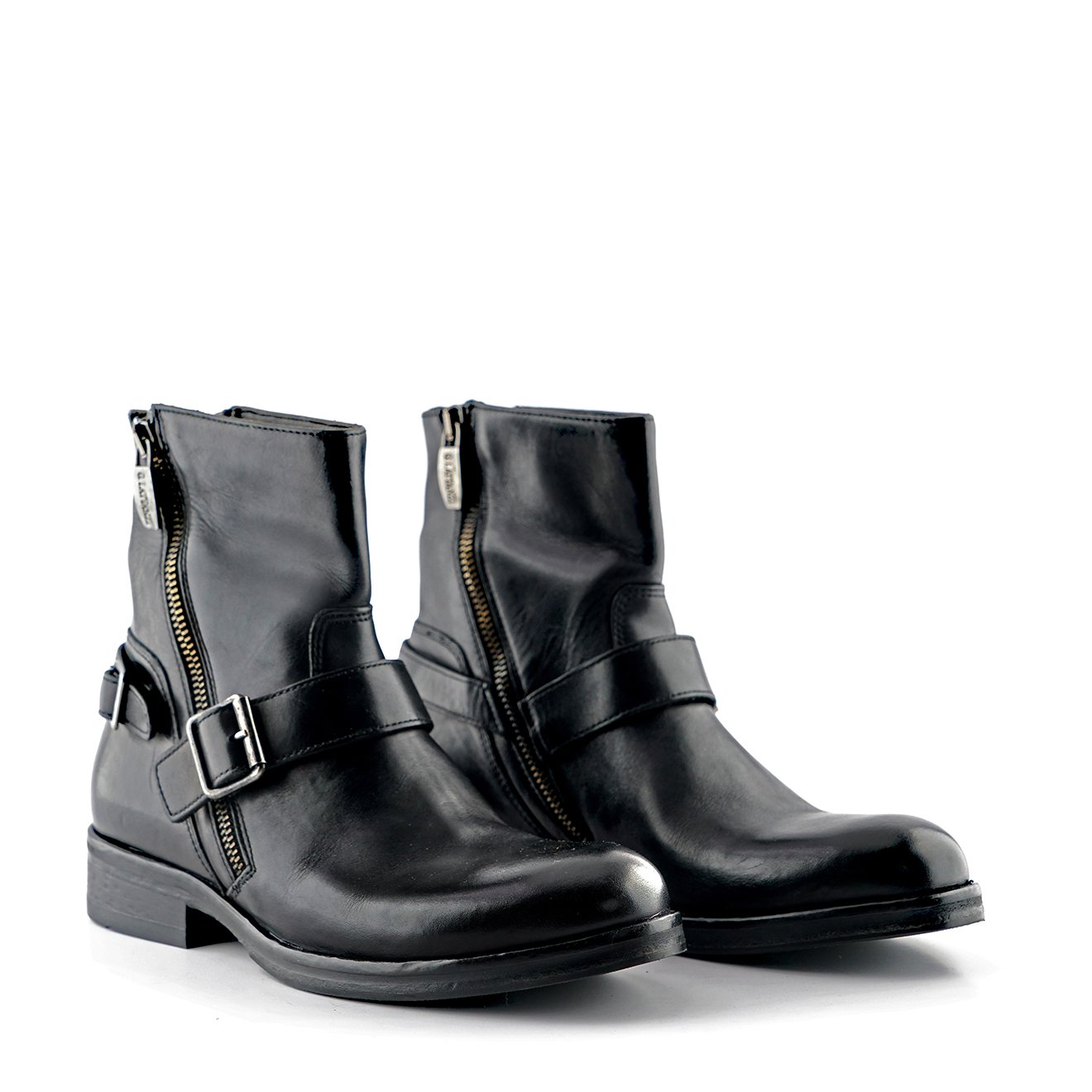 HIGH QUALITY YOUNG HANDMADE POLISH BLACK LEATHER MID BOOTS WITH TWO ZIP, TWO BUCKLES WALKING WOMAN BOOTS MADE IN ITALY