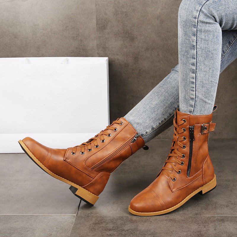 High Quality Pointed Side Zipper Chunky Heel Boots Fashion Lace Up Buckle Short Winter Boots Women Shoes