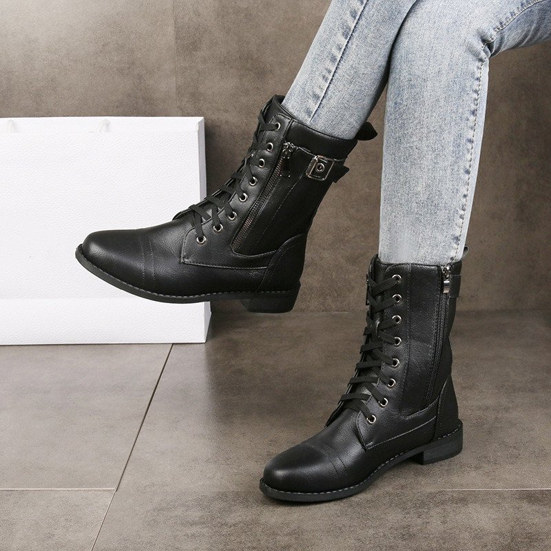 High Quality Pointed Side Zipper Chunky Heel Boots Fashion Lace Up Buckle Short Winter Boots Women Shoes