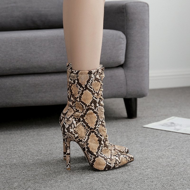 Women Lace-Up Boots Snake Print Ankle Boots High heels Fashion Pointed toe Ladies Sexy shoes 2022 New Chelsea Boots