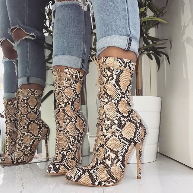 Women Lace-Up Boots Snake Print Ankle Boots High heels Fashion Pointed toe Ladies Sexy shoes 2022 New Chelsea Boots