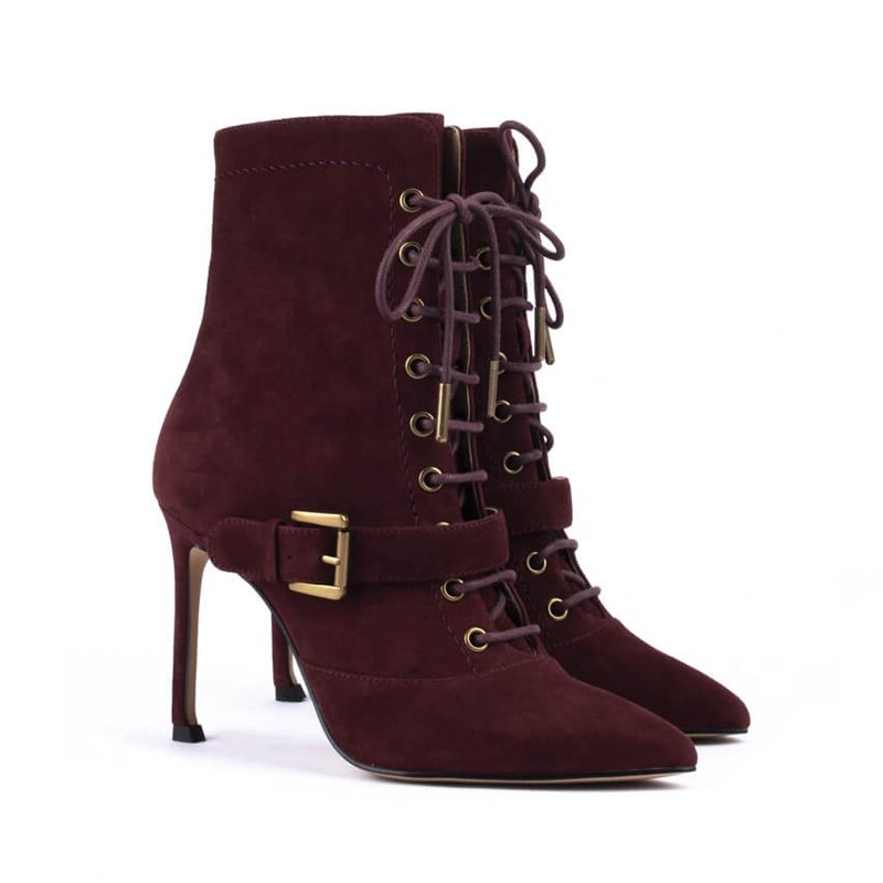 Women's Winter Ankle Stiletto Boots with Gold Metal Buckle Strap Lace-Up Closure Rubber Insole New Fashion Leather Upper