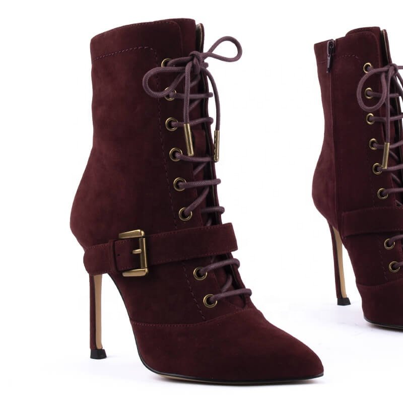 Women's Winter Ankle Stiletto Boots with Gold Metal Buckle Strap Lace-Up Closure Rubber Insole New Fashion Leather Upper