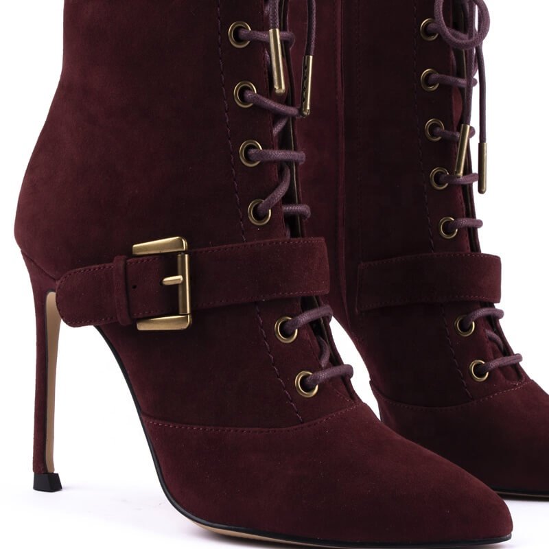 Women's Winter Ankle Stiletto Boots with Gold Metal Buckle Strap Lace-Up Closure Rubber Insole New Fashion Leather Upper
