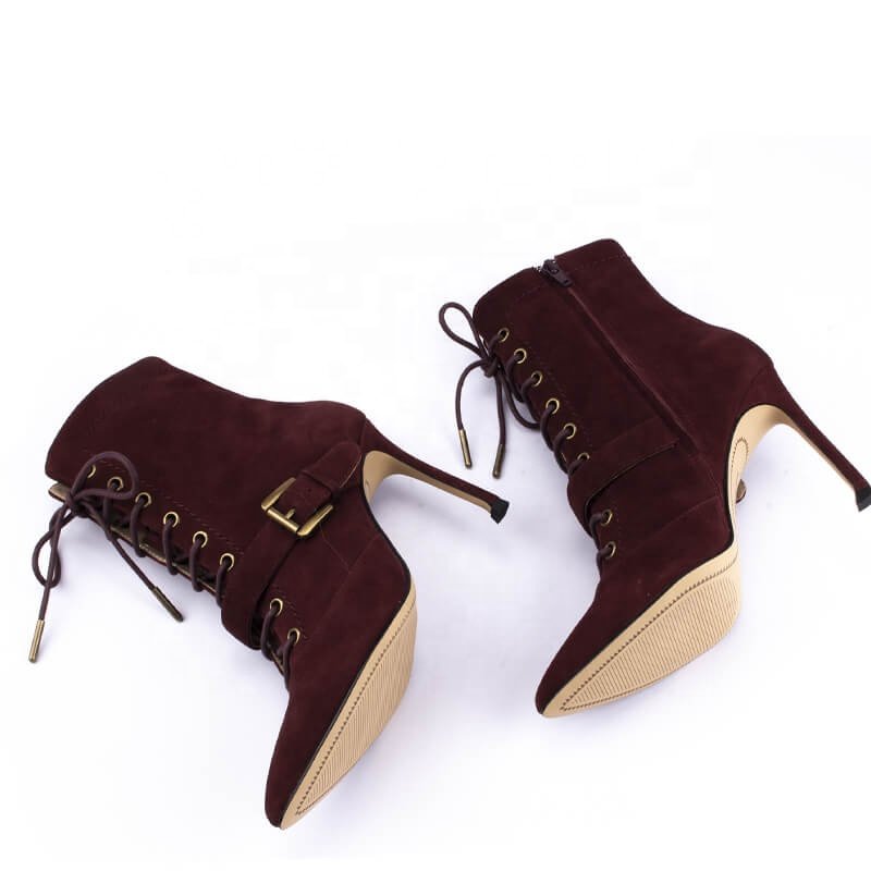 Women's Winter Ankle Stiletto Boots with Gold Metal Buckle Strap Lace-Up Closure Rubber Insole New Fashion Leather Upper