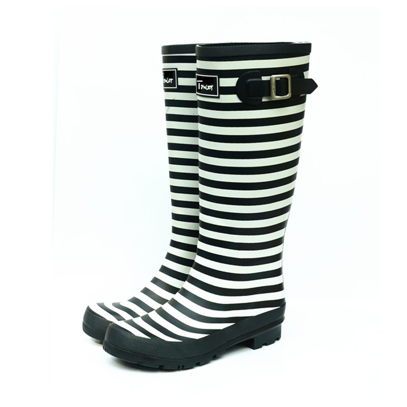 low price hot sale black white flowers printed ladies promotional customized rain boots with buckle