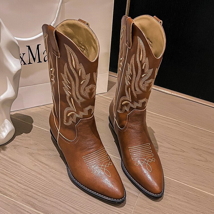Cialisa Embroidery Genuine Leather Women Shoes Pointed Toe Square Low Heels Winter Mid-calf Western Cowboy Boots For Ladies