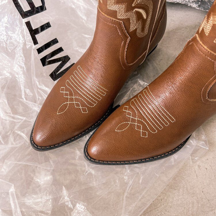 Cialisa Embroidery Genuine Leather Women Shoes Pointed Toe Square Low Heels Winter Mid-calf Western Cowboy Boots For Ladies