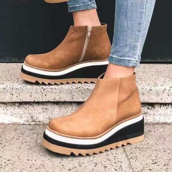Large size wedge heel ankle boots women's 2021 autumn and winter new flat zipper shallow nude boots