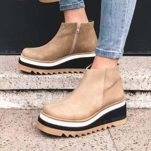 Large size wedge heel ankle boots women's 2021 autumn and winter new flat zipper shallow nude boots