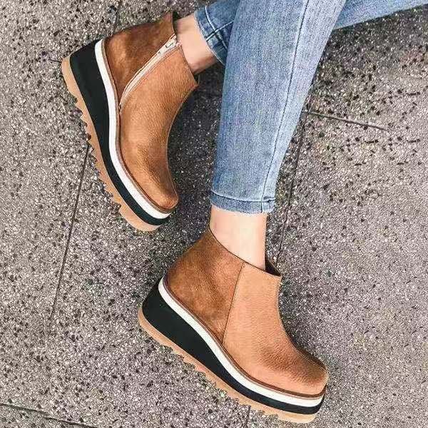 Large size wedge heel ankle boots women's 2021 autumn and winter new flat zipper shallow nude boots