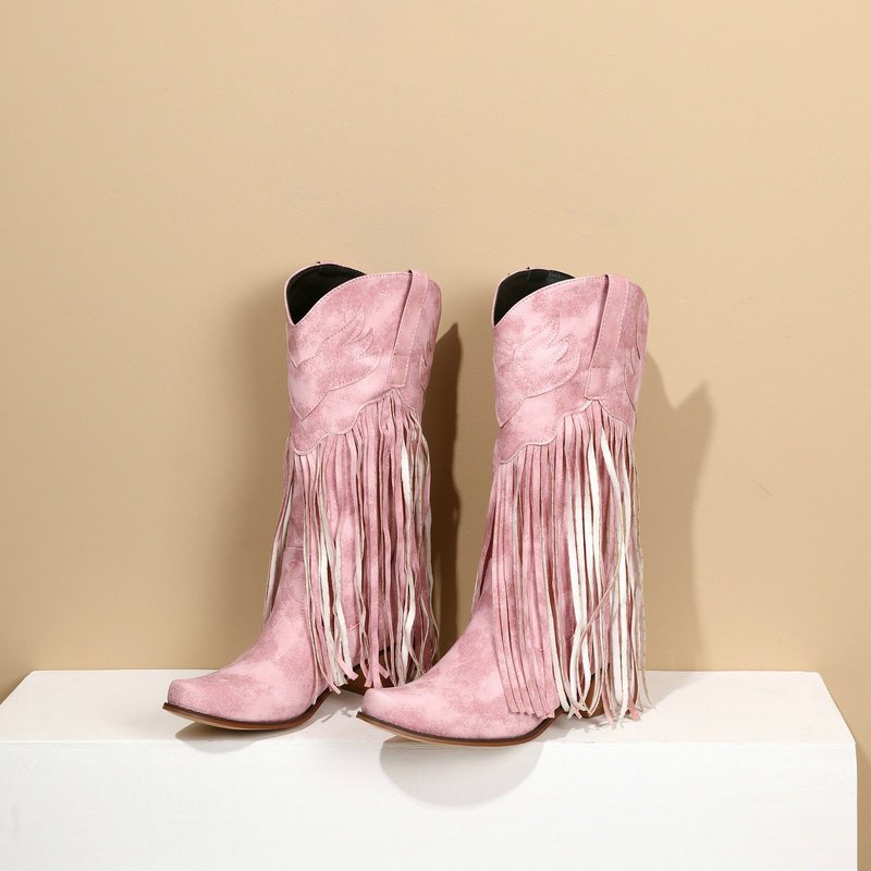 Cialisa New Fall Winter Pink Cowgirl Tassel Boots Women Shoes 5cm Block Mid Heels Green Midcalf Western Boot