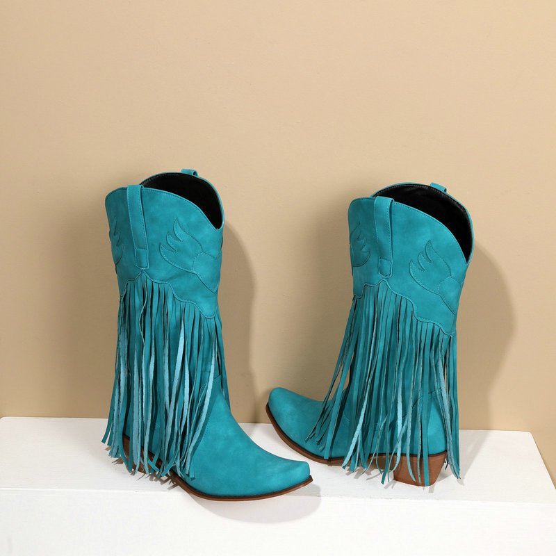 Cialisa New Fall Winter Pink Cowgirl Tassel Boots Women Shoes 5cm Block Mid Heels Green Midcalf Western Boot