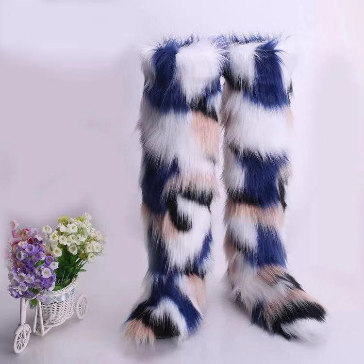 Fox plush fur women winter boots korean boots for women woman boots over the knee