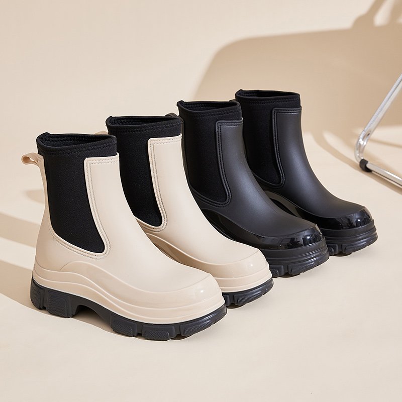 PVC Anti-Slip Fashion Waterproof Rain Boots thick sole Winter Waterproof Ankle Shoes for Women and Children Outdoor Water Shoes