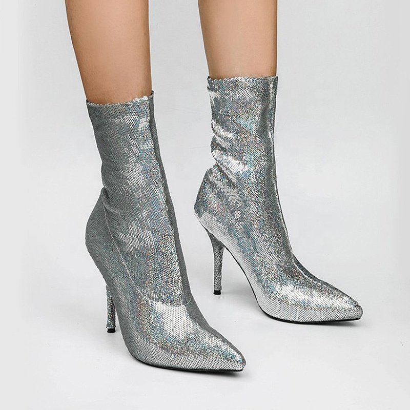 Sequin Ladies High Heel Ankle Boots Party Pointed Toe Sliver And Gold Color Boots For Ladies Thin Super High Heel Boots