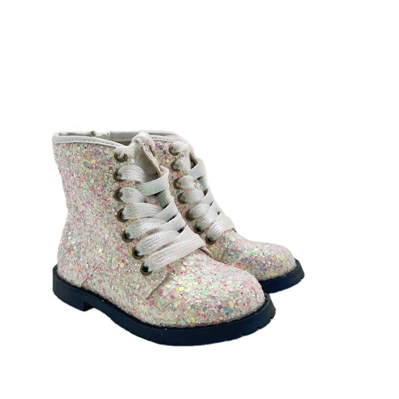 New style match color lace-up toddler kids boots shiny glitter short boots for girls party