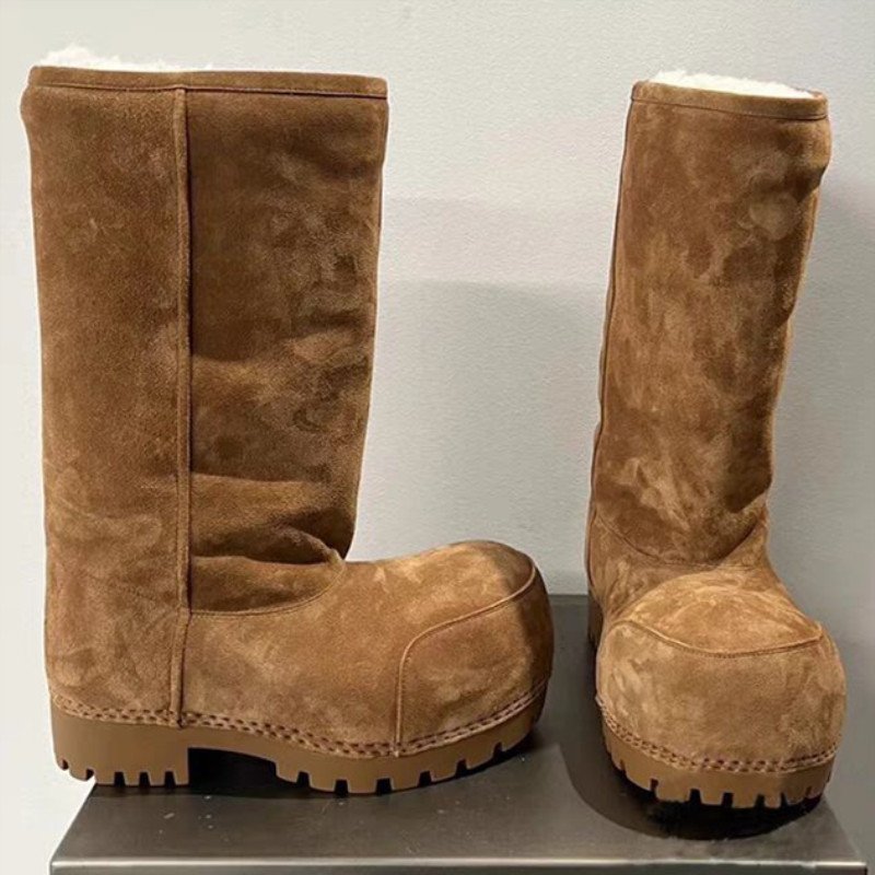 2024 Winter New Big Head Snow Boots Thick Solid Color Bottom High Barrel Bread Boots Women's Height Increasing Warm Cotton Shoes