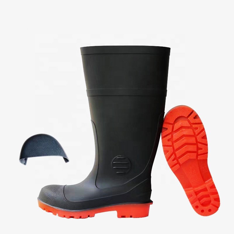 Wholesale Low Price Plastic pure black Boot Men Steel Toe PVC Safety Construction Boots For Worker
