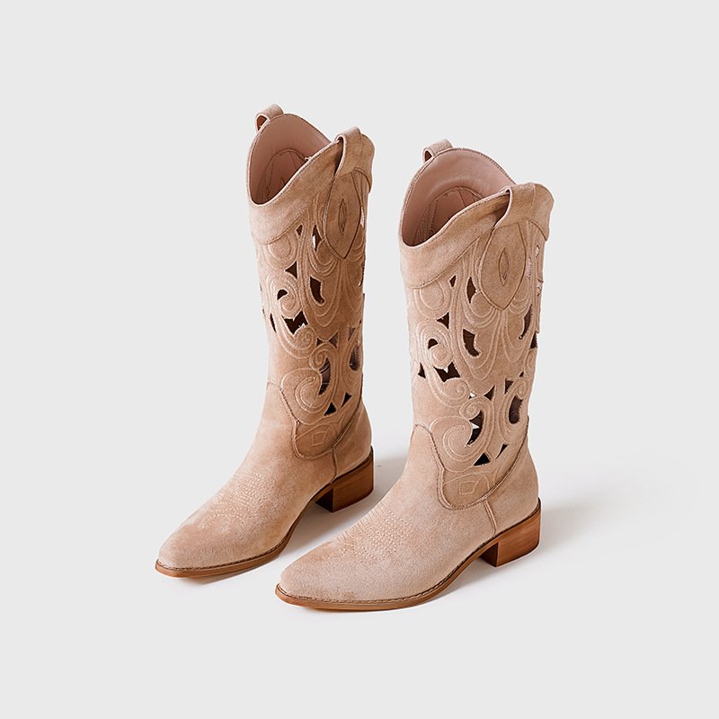 Women Western Cowboy Pointed Toe Knee High Pull On Tabs Boots