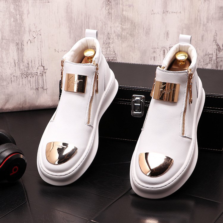 European American Luxury Men's High-Top Casual Skateboard Shoes Trendy Glossy Zip Martin Boots Thick-Sole Spring Autumn Running