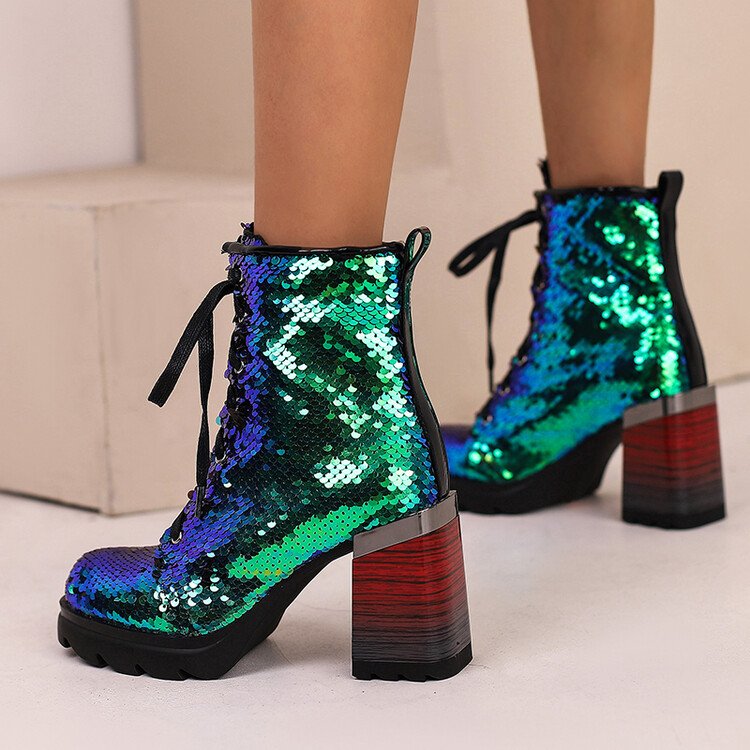newest factory wholesale women shoes fashion sequined round toe short boots elegant 9cm high heels ankle boots for lady