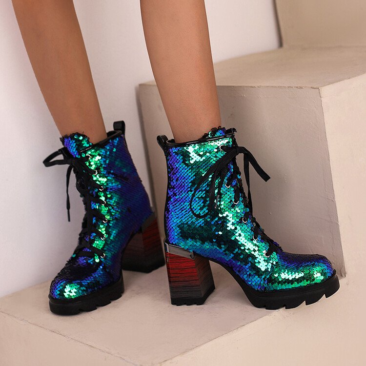 newest factory wholesale women shoes fashion sequined round toe short boots elegant 9cm high heels ankle boots for lady