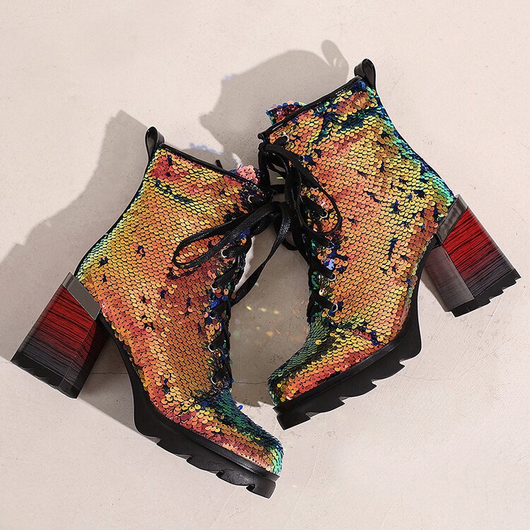 newest factory wholesale women shoes fashion sequined round toe short boots elegant 9cm high heels ankle boots for lady