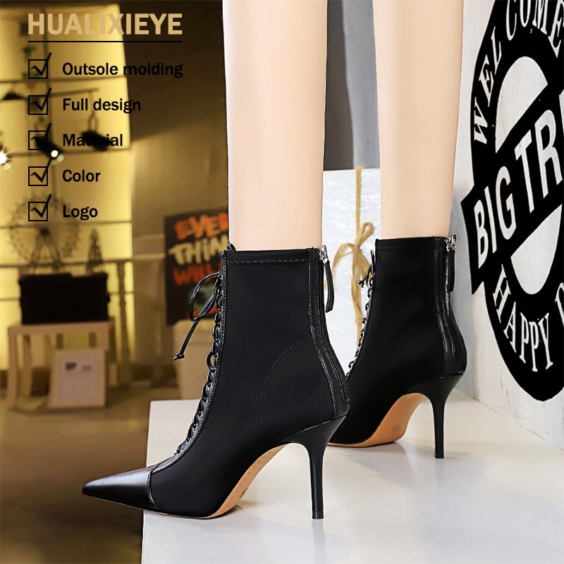 Custom Designer Bandage High Heels PU Insole Fashion Sexy for Winter Women's Pointed Toe Ankle Boots with Cross-Tied Lace
