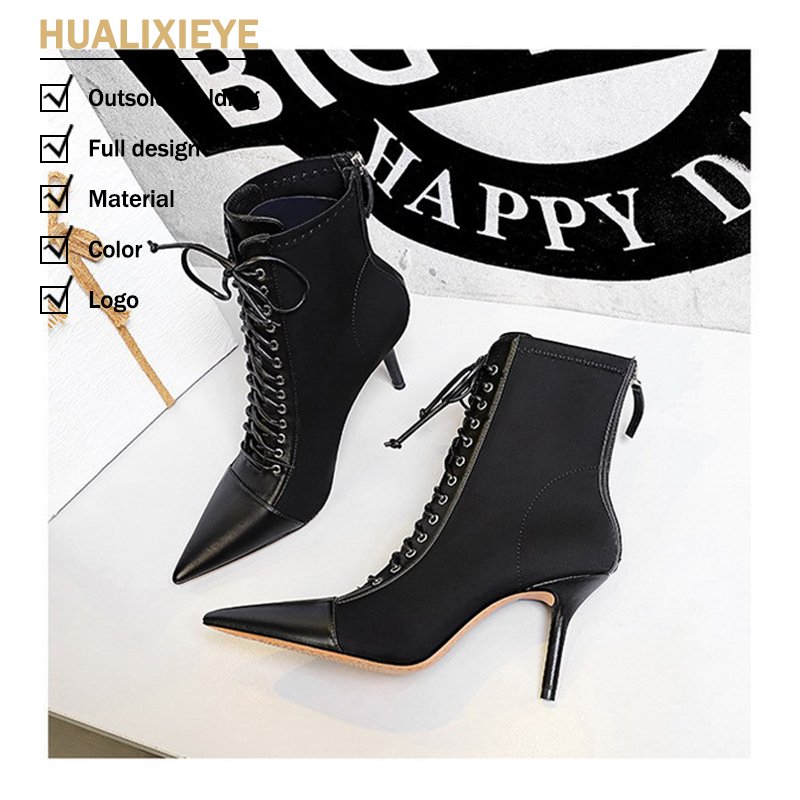 Custom Designer Bandage High Heels PU Insole Fashion Sexy for Winter Women's Pointed Toe Ankle Boots with Cross-Tied Lace